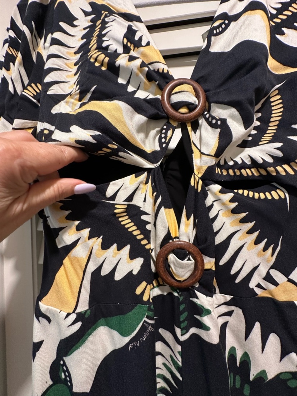 Farm Rio Black, White & Green Printed Jumpsuit with Yellow Accents - Picture 3 of 6